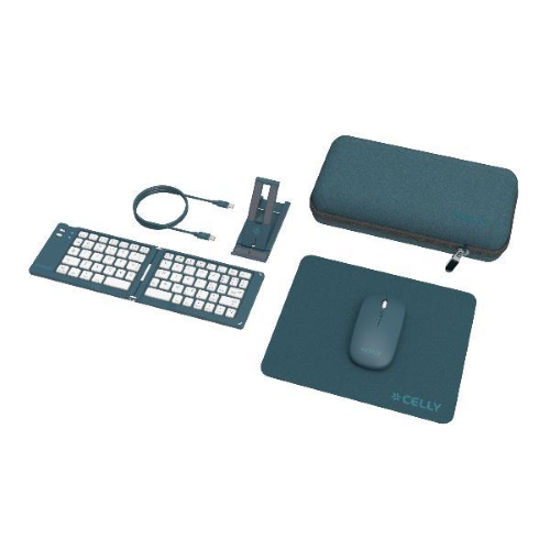 CELLY TRAVEL KIT VIAGGIO PER LAVORARE IN MOBILITA' TASTIERA WIRELESS PIEGHEVOLE MOUSE WIRELESS MOUSEPAD CAVO USB-C SUPPORTO PER SMARTPHONE CUSTODIA BLUE